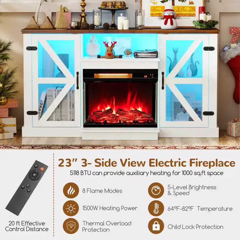 Meuble TV Costway 58" avec cheminée électrique à 3 côtés en verre de 23" et lumières LED 20 couleurs