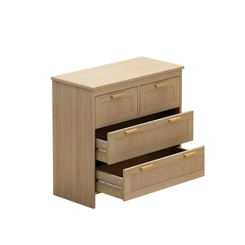 Commode 4 tiroirs Armoire de rangement moderne en rotin Meuble en bois pour chambre à coucher, salon, salle à manger, couloirs