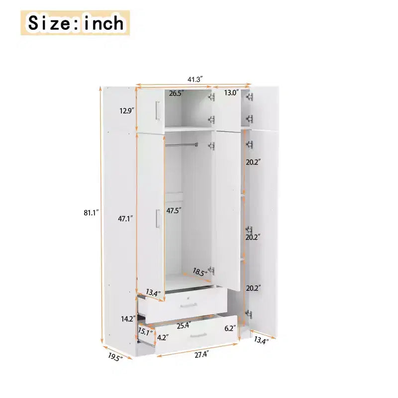 Whisen Wood – Armoire de chambre en bois avec miroir, 2 tiroirs, étagères, tringle à vêtements et compartiment supérieur