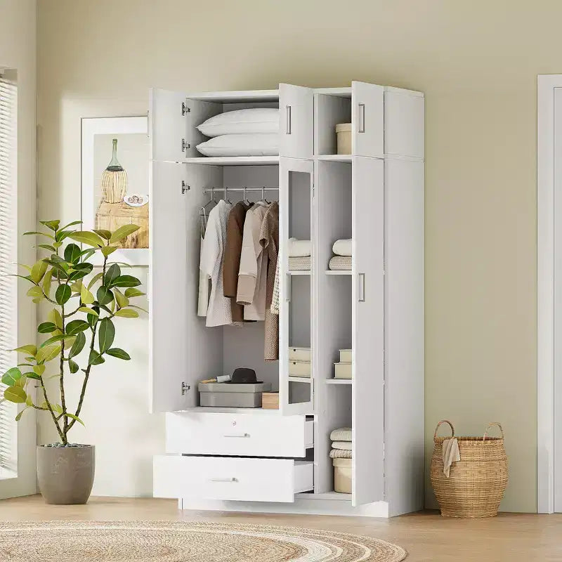Whisen Wood – Armoire de chambre en bois avec miroir, 2 tiroirs, étagères, tringle à vêtements et compartiment supérieur