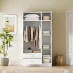 Whisen Wood – Armoire de chambre en bois avec miroir, 2 tiroirs, étagères, tringle à vêtements et compartiment supérieur