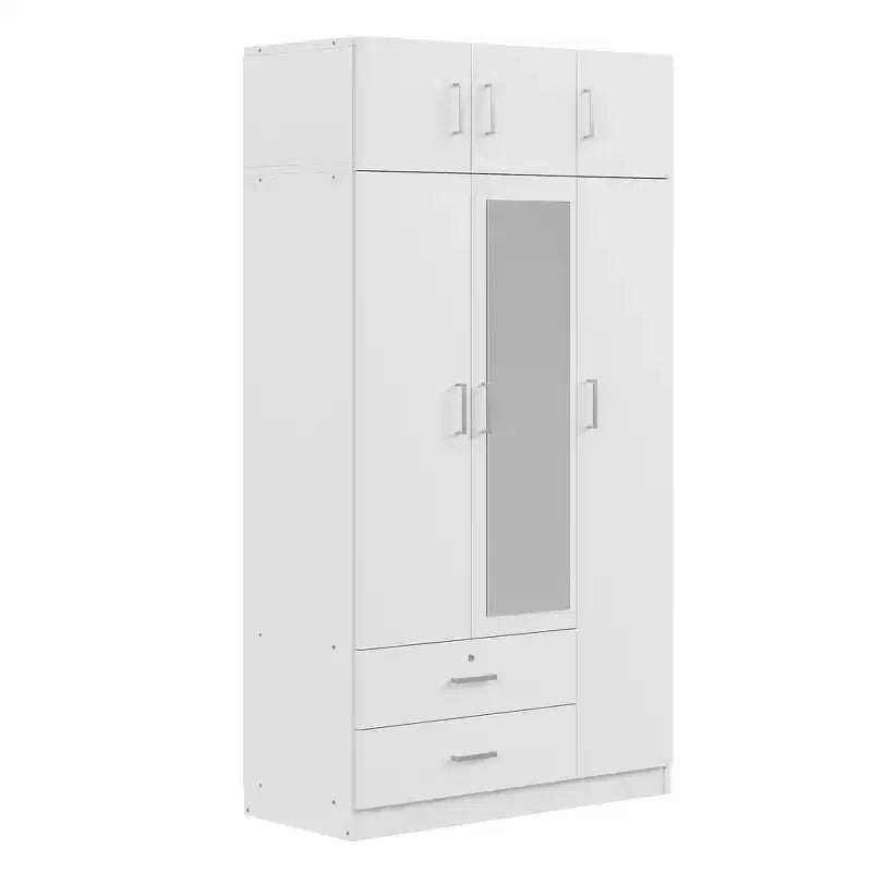 Whisen Wood – Armoire de chambre en bois avec miroir, 2 tiroirs, étagères, tringle à vêtements et compartiment supérieur