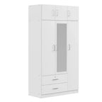 Whisen Wood – Armoire de chambre en bois avec miroir, 2 tiroirs, étagères, tringle à vêtements et compartiment supérieur