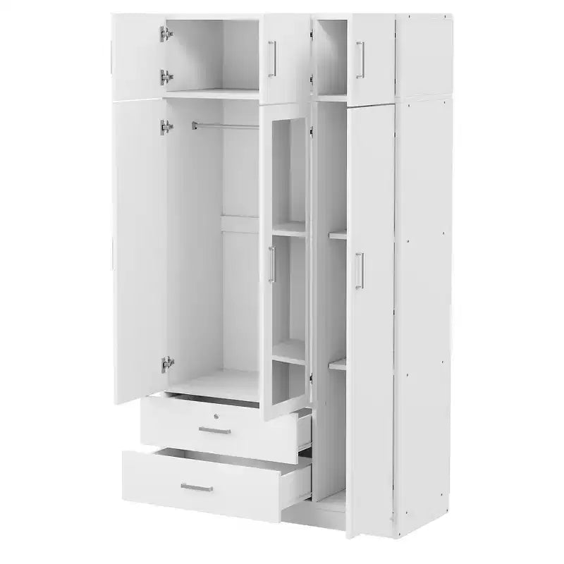 Whisen Wood – Armoire de chambre en bois avec miroir, 2 tiroirs, étagères, tringle à vêtements et compartiment supérieur