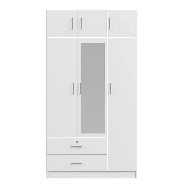 Whisen Wood – Armoire de chambre en bois avec miroir, 2 tiroirs, étagères, tringle à vêtements et compartiment supérieur