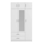 Whisen Wood – Armoire de chambre en bois avec miroir, 2 tiroirs, étagères, tringle à vêtements et compartiment supérieur