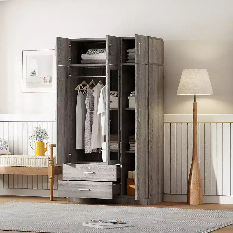 Whisen Wood – Armoire de chambre en bois avec miroir, 2 tiroirs, étagères, tringle à vêtements et compartiment supérieur