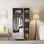 Whisen Wood – Armoire de chambre en bois avec miroir, 2 tiroirs, étagères, tringle à vêtements et compartiment supérieur