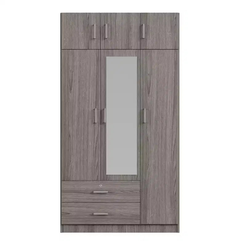 Whisen Wood – Armoire de chambre en bois avec miroir, 2 tiroirs, étagères, tringle à vêtements et compartiment supérieur