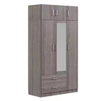 Whisen Wood – Armoire de chambre en bois avec miroir, 2 tiroirs, étagères, tringle à vêtements et compartiment supérieur