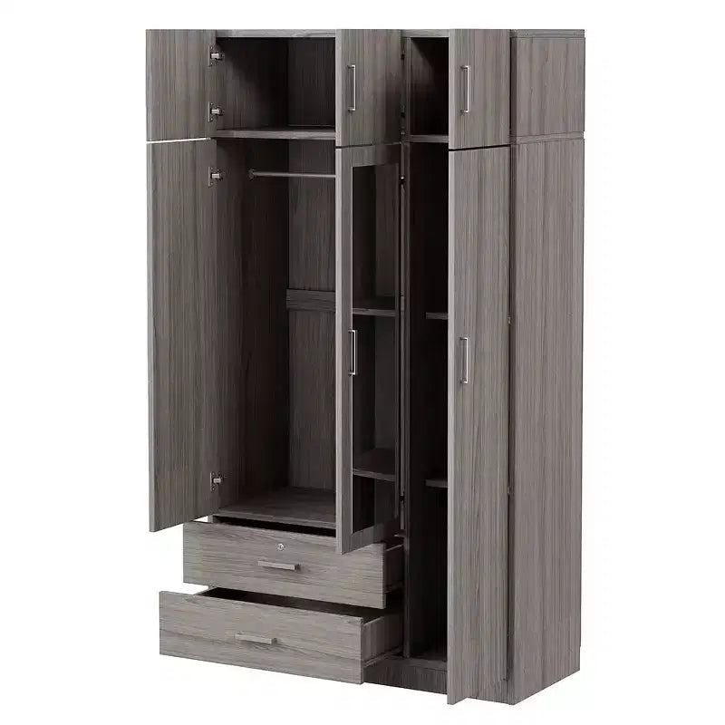 Whisen Wood – Armoire de chambre en bois avec miroir, 2 tiroirs, étagères, tringle à vêtements et compartiment supérieur