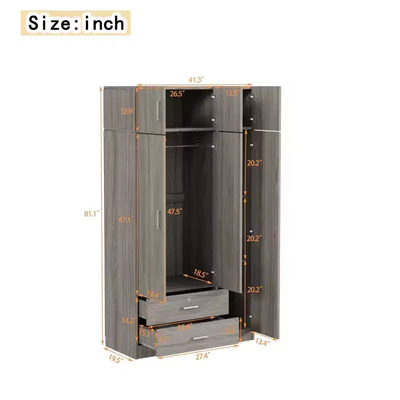 Whisen Wood – Armoire de chambre en bois avec miroir, 2 tiroirs, étagères, tringle à vêtements et compartiment supérieur