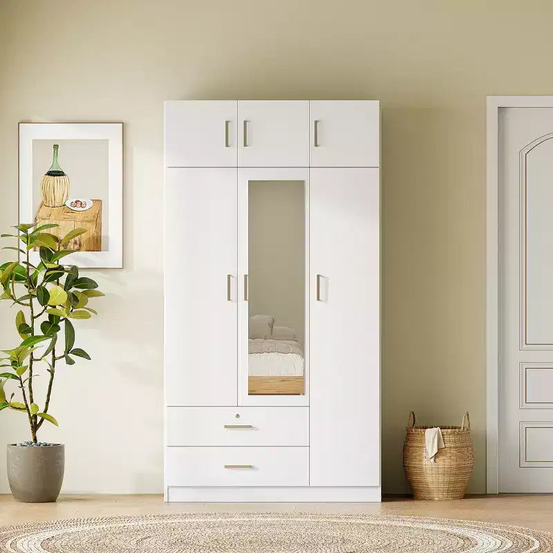 Whisen Wood – Armoire de chambre en bois avec miroir, 2 tiroirs, étagères, tringle à vêtements et compartiment supérieur
