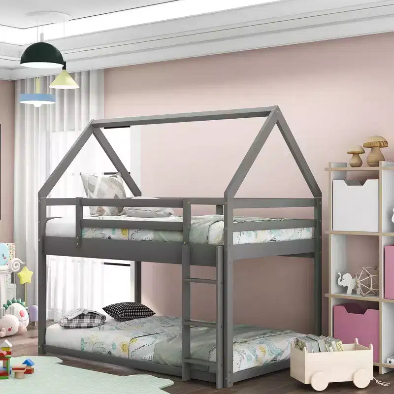 Whisen House-shaped Twin over Twin Low Bunk Bed with Ladder