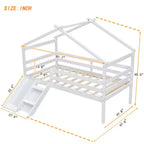 Lit mezzanine enfant avec toboggan, échelle d'accès et barrières de sécurité, complété d'un toit style maisonnette