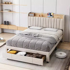 Upholstered Bed Frame with Storage Headboard and Charging Station, Platform Bed Frame with Drawers