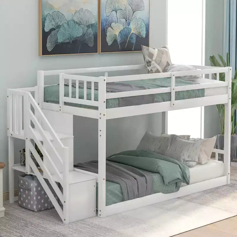 Whisen Wood Twin over Twin Floor Bunk Bed with Storage Ladder