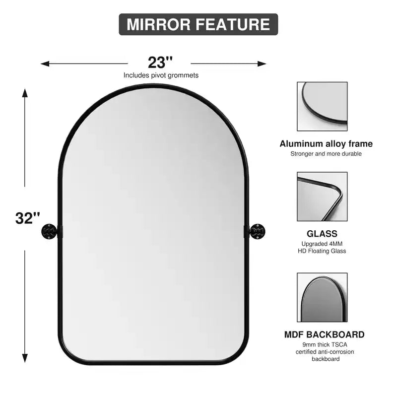 Miroir mural PexFix en fer, aux coins arrondis et à quincaillerie pivotante bicolore