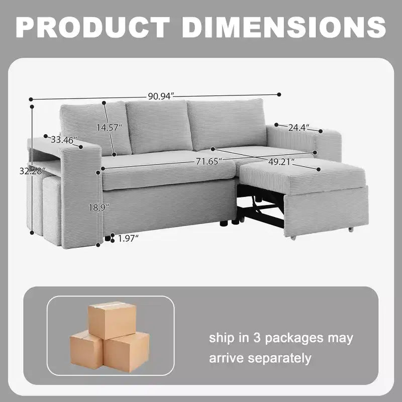 HYLEORY Canapé convertible en L avec lit gigogne, canapé-lit avec méridienne réversible pour salon, appartement, chambre, bureau
