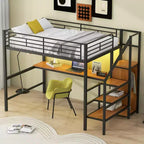 Lit mezzanine en métal pleine taille Whisen 94.1" avec bureau, escalier de rangement, petite armoire