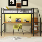 Lit mezzanine en métal pleine taille Whisen 94.1" avec bureau, escalier de rangement, petite armoire