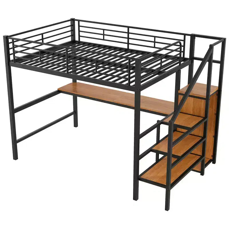 Lit mezzanine en métal pleine taille Whisen 94.1" avec bureau, escalier de rangement, petite armoire
