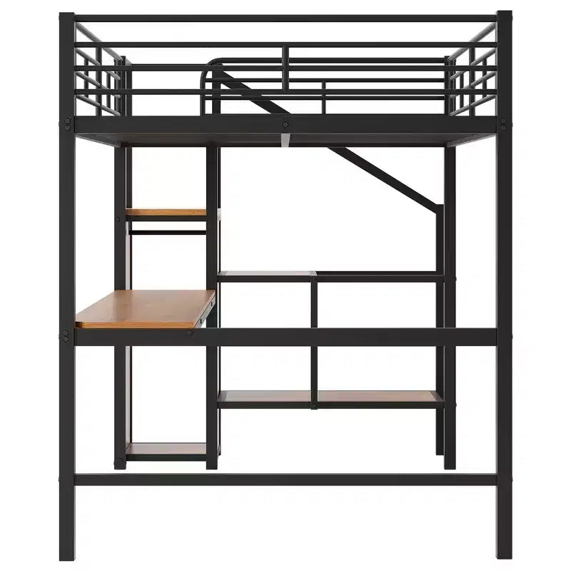 Lit mezzanine en métal pleine taille Whisen 94.1" avec bureau, escalier de rangement, petite armoire