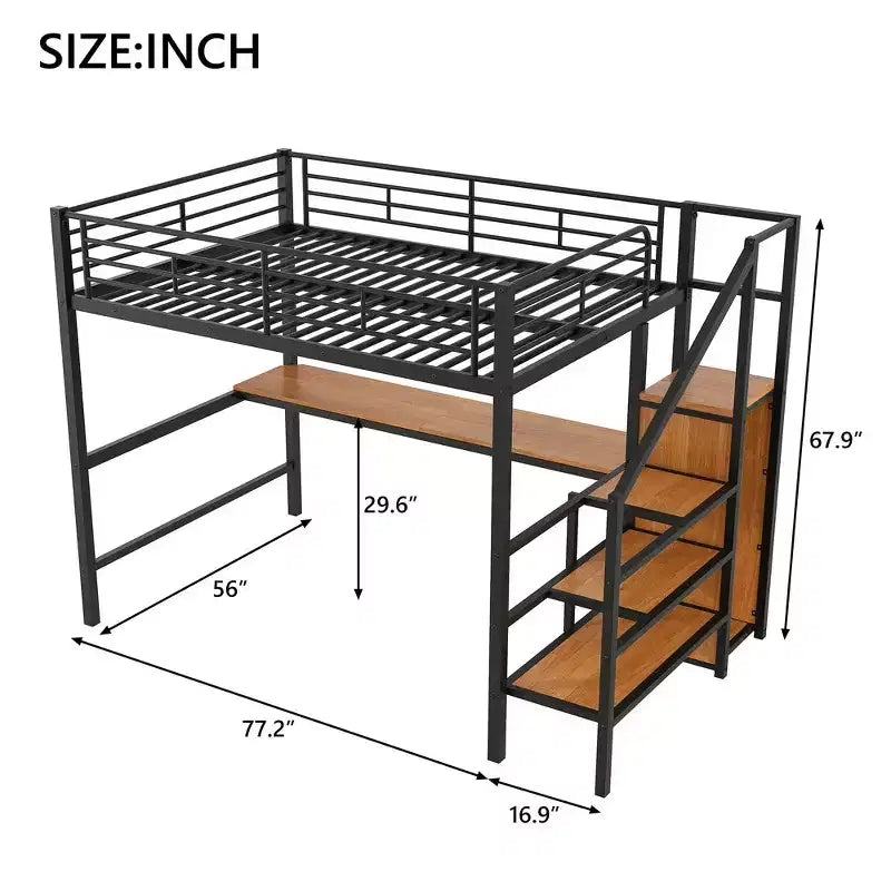Lit mezzanine en métal pleine taille Whisen 94.1" avec bureau, escalier de rangement, petite armoire