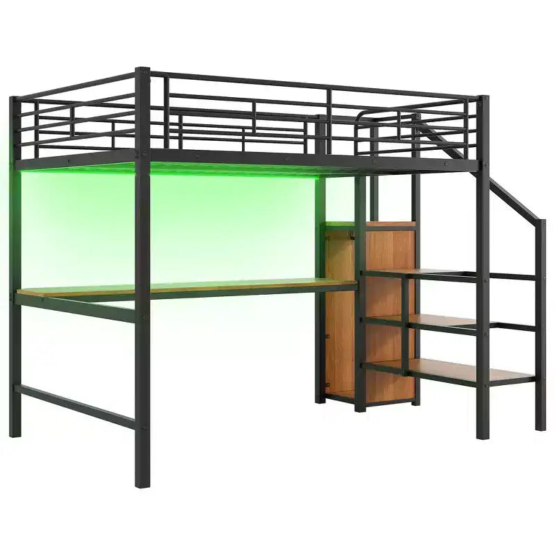 Lit mezzanine en métal pleine taille Whisen 94.1" avec bureau, escalier de rangement, petite armoire