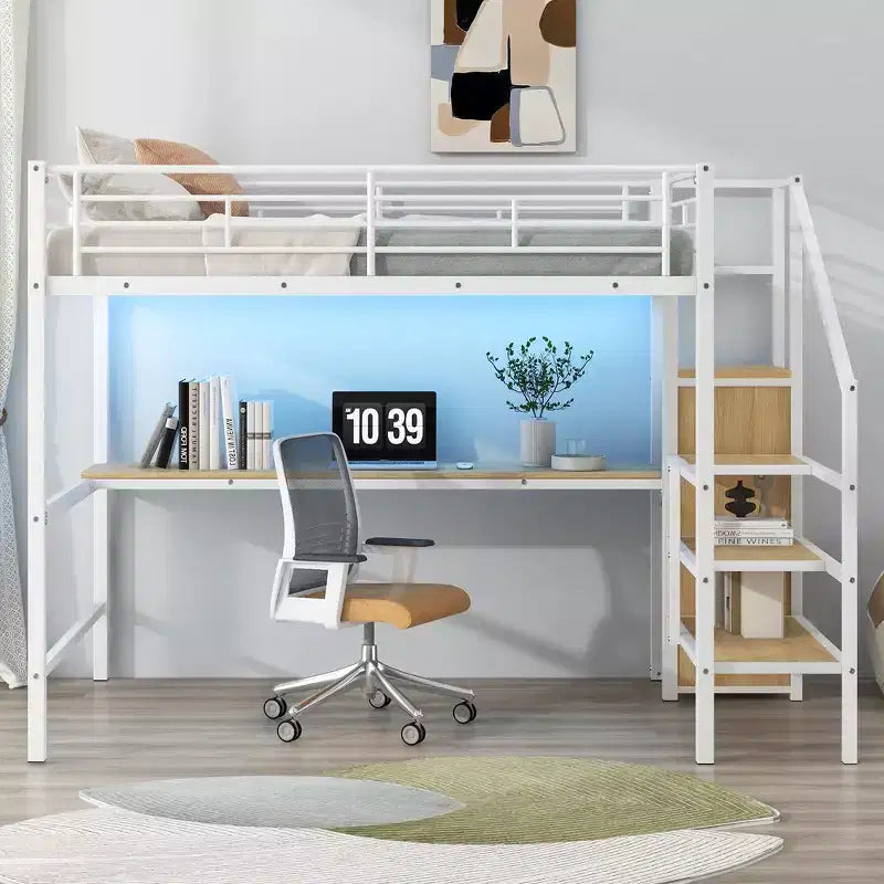 Lit mezzanine en métal pleine taille Whisen 94.1" avec bureau, escalier de rangement, petite armoire