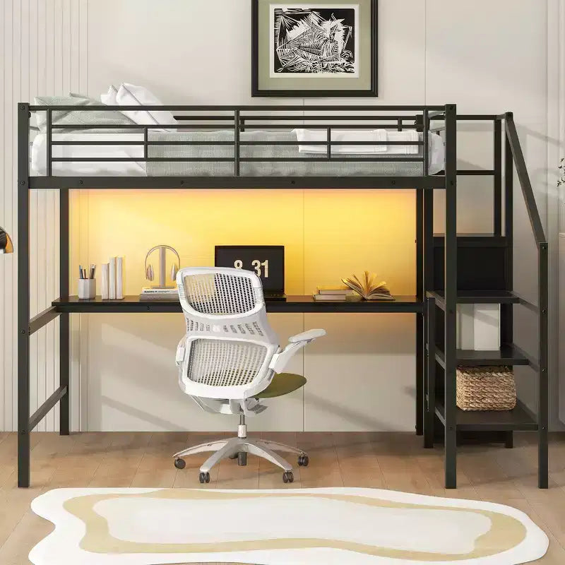 Lit mezzanine en métal pleine taille Whisen 94.1" avec bureau, escalier de rangement, petite armoire