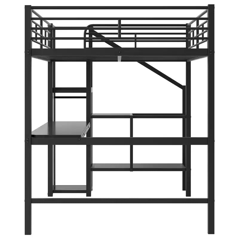 Lit mezzanine en métal pleine taille Whisen 94.1" avec bureau, escalier de rangement, petite armoire