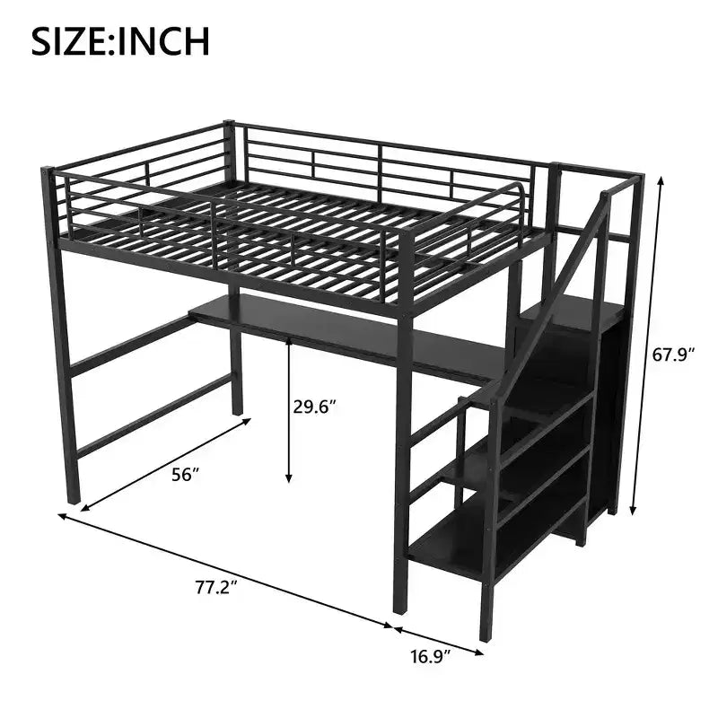 Lit mezzanine en métal pleine taille Whisen 94.1" avec bureau, escalier de rangement, petite armoire