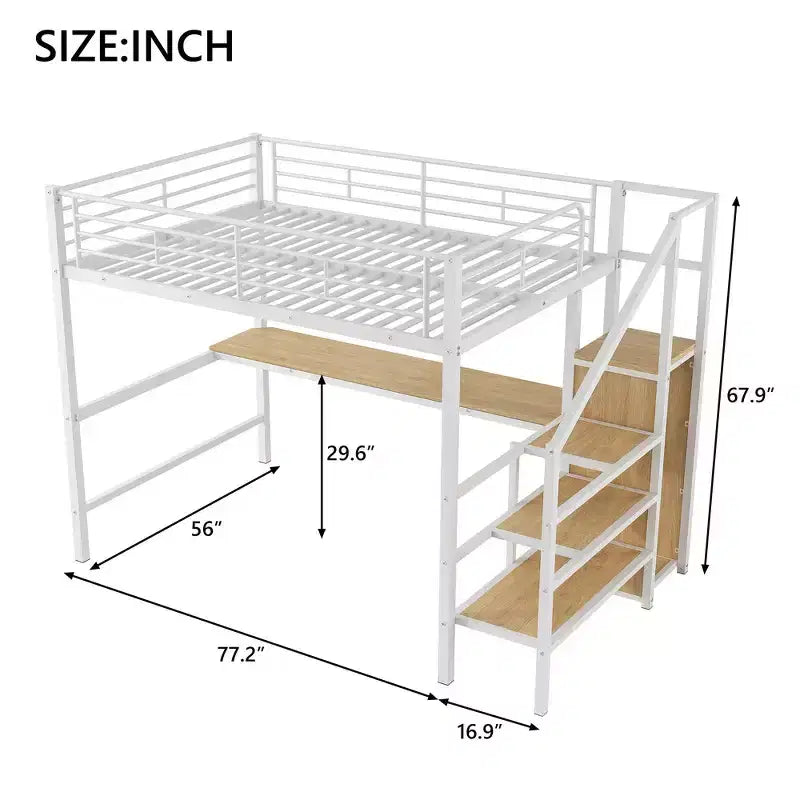 Lit mezzanine en métal pleine taille Whisen 94.1" avec bureau, escalier de rangement, petite armoire