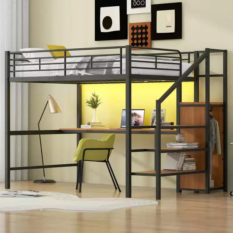 Lit mezzanine en métal pleine taille Whisen 94.1" avec bureau, escalier de rangement, petite armoire