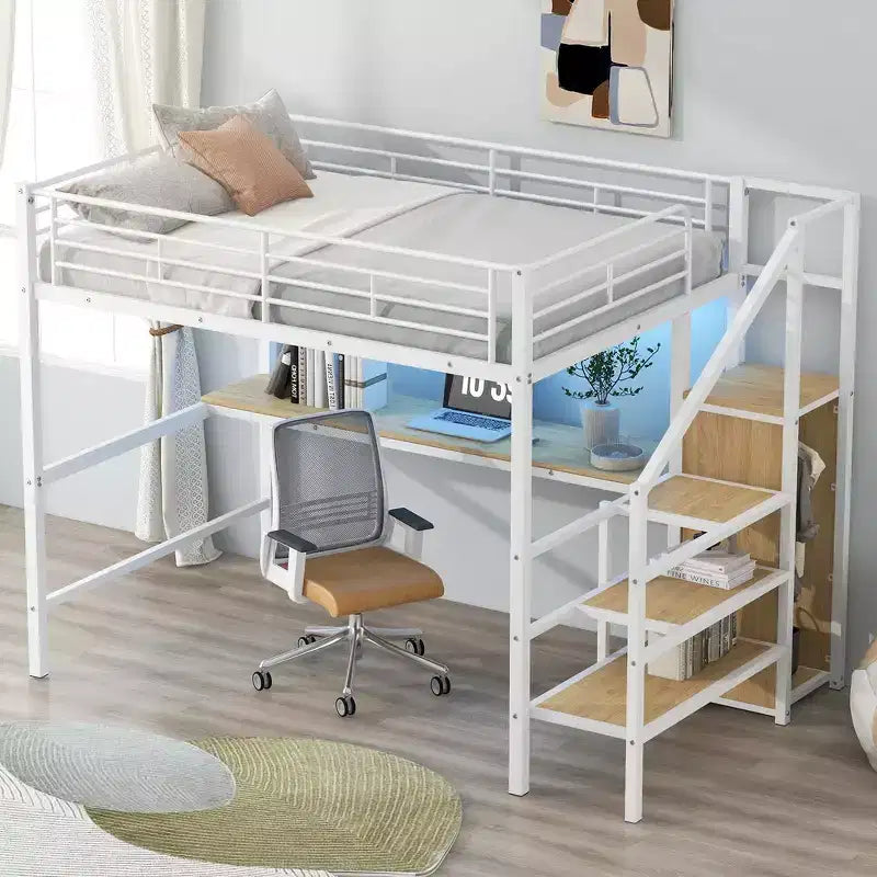 Lit mezzanine en métal pleine taille Whisen 94.1" avec bureau, escalier de rangement, petite armoire