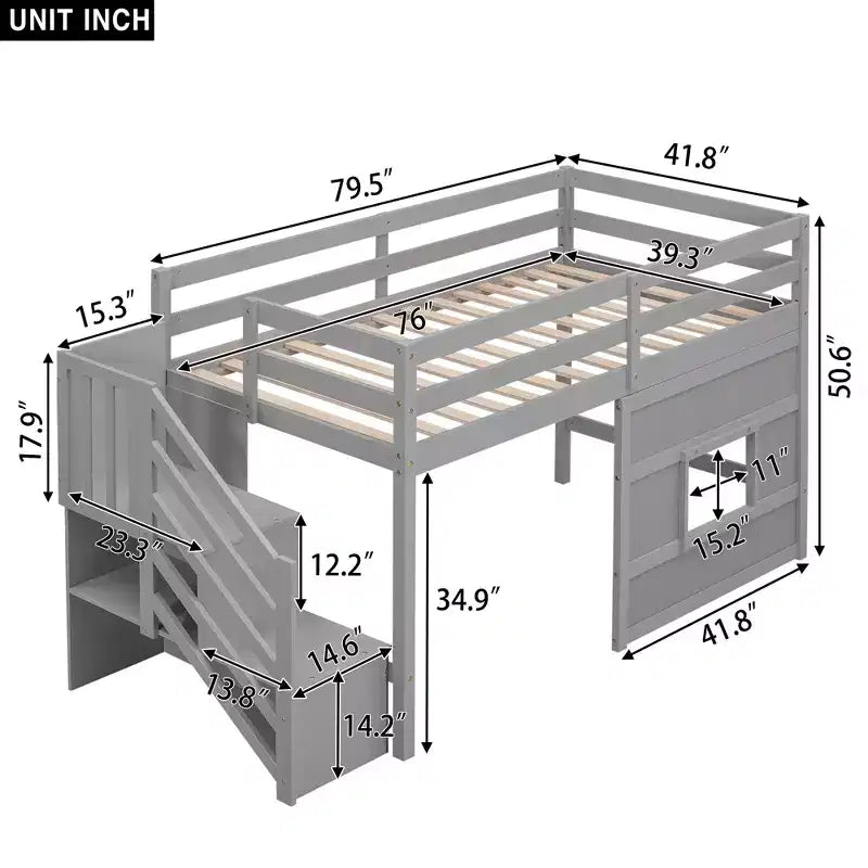 Lit mezzanine double en bois Whisen de 240,8 cm de long x 106,2 cm de large avec escalier de rangement et fenêtre