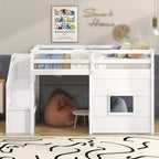 Lit mezzanine double en bois Whisen de 240,8 cm de long x 106,2 cm de large avec escalier de rangement et fenêtre
