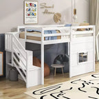 Lit mezzanine double en bois Whisen de 240,8 cm de long x 106,2 cm de large avec escalier de rangement et fenêtre