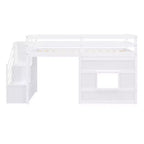 Lit mezzanine double en bois Whisen de 240,8 cm de long x 106,2 cm de large avec escalier de rangement et fenêtre