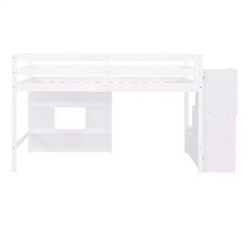 Lit mezzanine double en bois Whisen de 240,8 cm de long x 106,2 cm de large avec escalier de rangement et fenêtre
