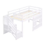 Lit mezzanine double en bois Whisen de 240,8 cm de long x 106,2 cm de large avec escalier de rangement et fenêtre