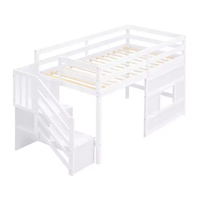 Lit mezzanine double en bois Whisen de 240,8 cm de long x 106,2 cm de large avec escalier de rangement et fenêtre