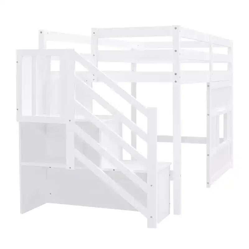 Lit mezzanine double en bois Whisen de 240,8 cm de long x 106,2 cm de large avec escalier de rangement et fenêtre