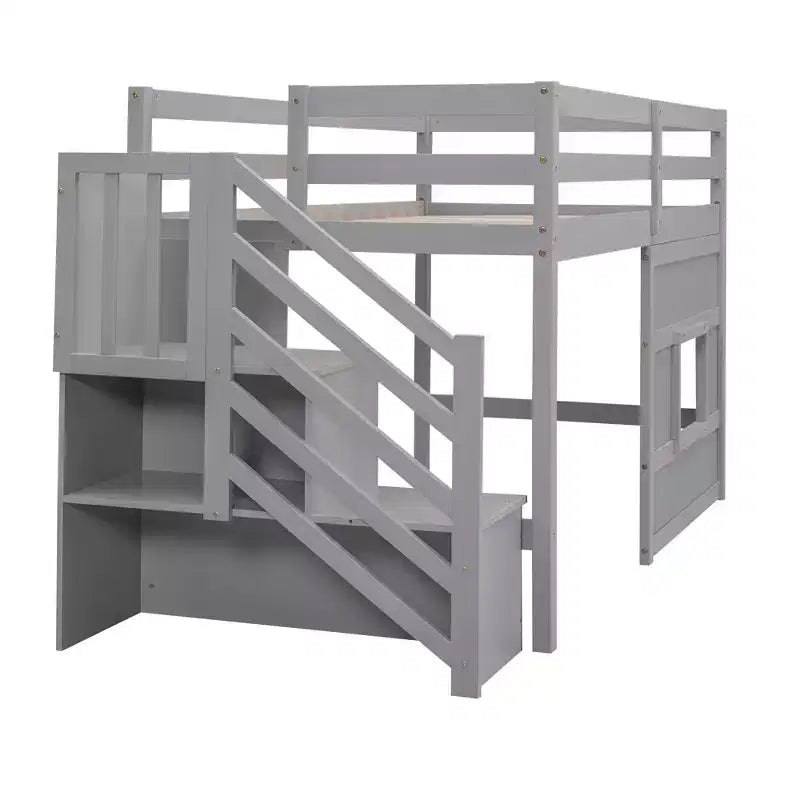 Lit mezzanine double en bois Whisen de 240,8 cm de long x 106,2 cm de large avec escalier de rangement et fenêtre