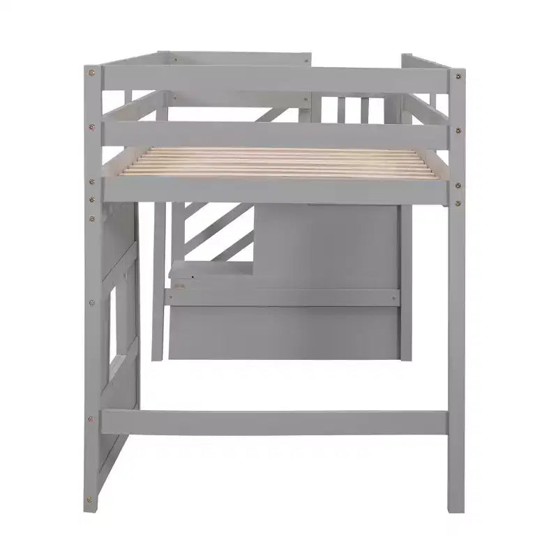 Lit mezzanine double en bois Whisen de 240,8 cm de long x 106,2 cm de large avec escalier de rangement et fenêtre