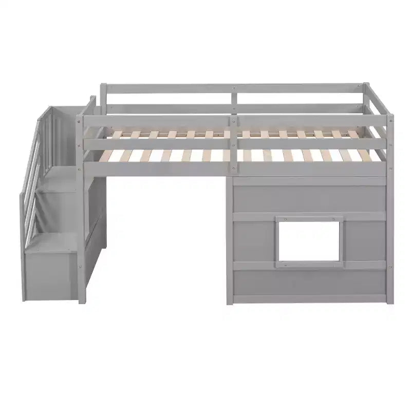 Lit mezzanine double en bois Whisen de 240,8 cm de long x 106,2 cm de large avec escalier de rangement et fenêtre
