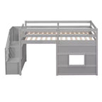 Lit mezzanine double en bois Whisen de 240,8 cm de long x 106,2 cm de large avec escalier de rangement et fenêtre