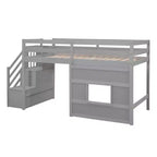 Lit mezzanine double en bois Whisen de 240,8 cm de long x 106,2 cm de large avec escalier de rangement et fenêtre