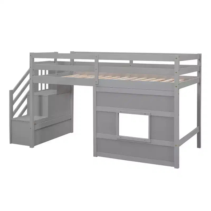 Lit mezzanine double en bois Whisen de 240,8 cm de long x 106,2 cm de large avec escalier de rangement et fenêtre